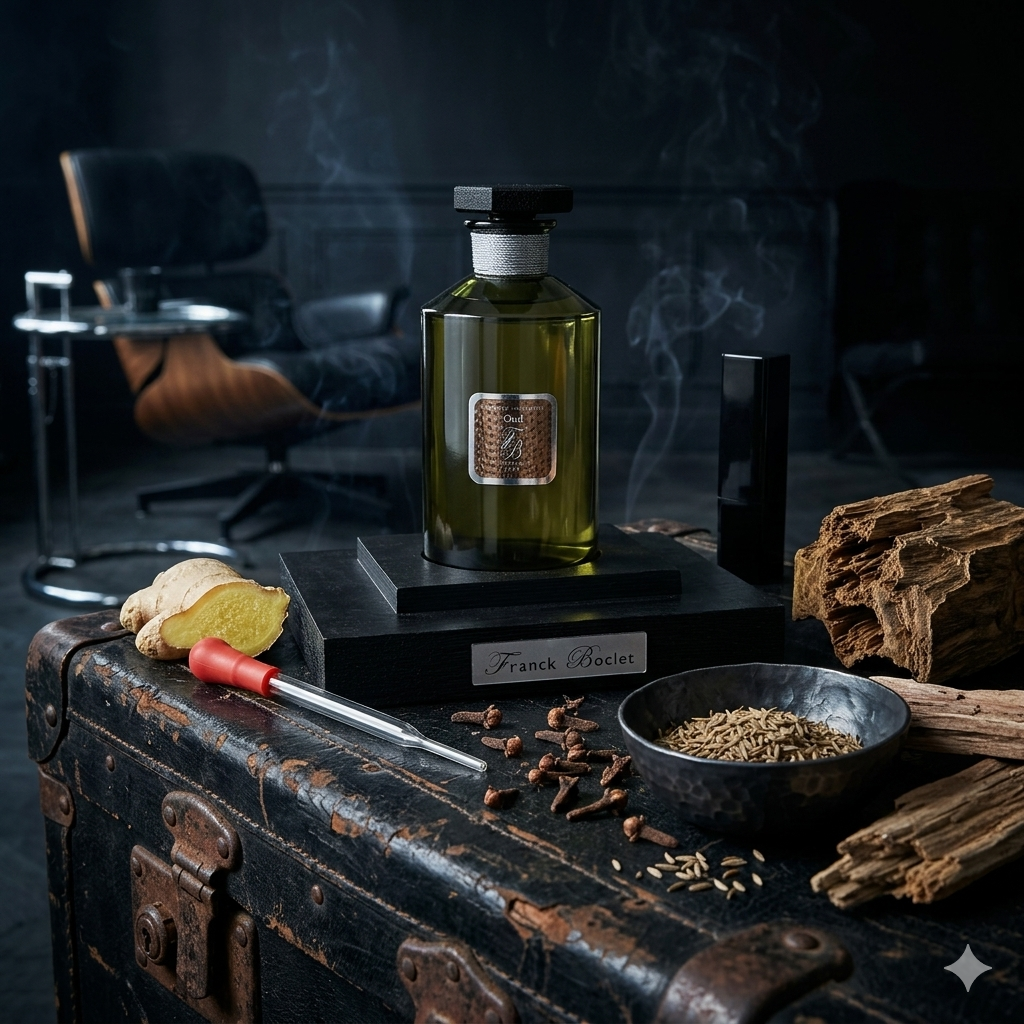 Frasco masculino de Franck Boclet Oud sobre madera oscura con jengibre fresco, comino, clavo de olor y madera de oud, estilo Casa Flores.