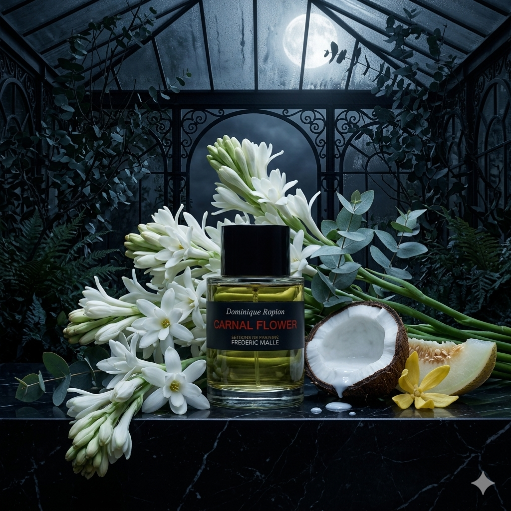 Frasco minimalista de Frédéric Malle Carnal Flower sobre mármol con nardos opuentes, hojas de eucalipto, coco abierto y melón, estilo Casa Flores.