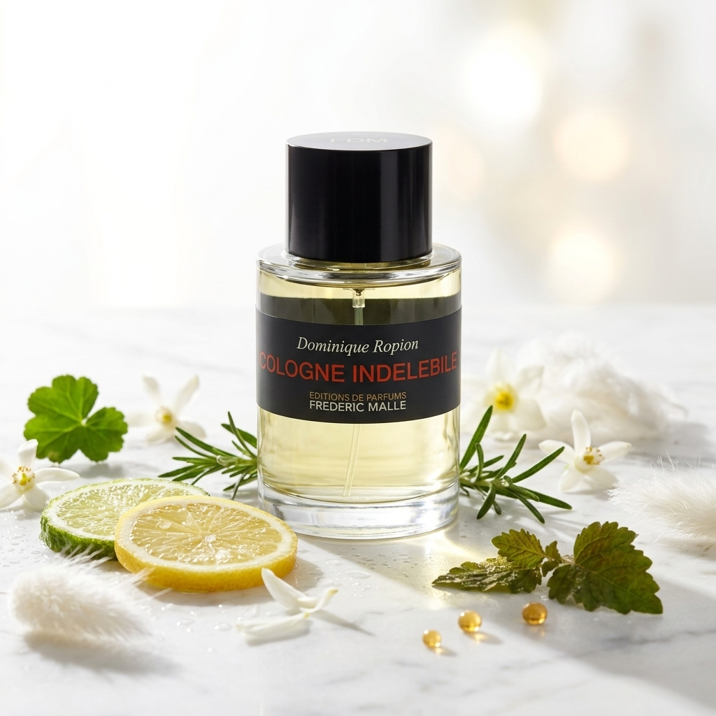Frasco cilíndrico con tapón plano de Frédéric Malle Cologne Indélébile sobre mármol blanco con neroli, limón y romero, estilo Casa Flores.