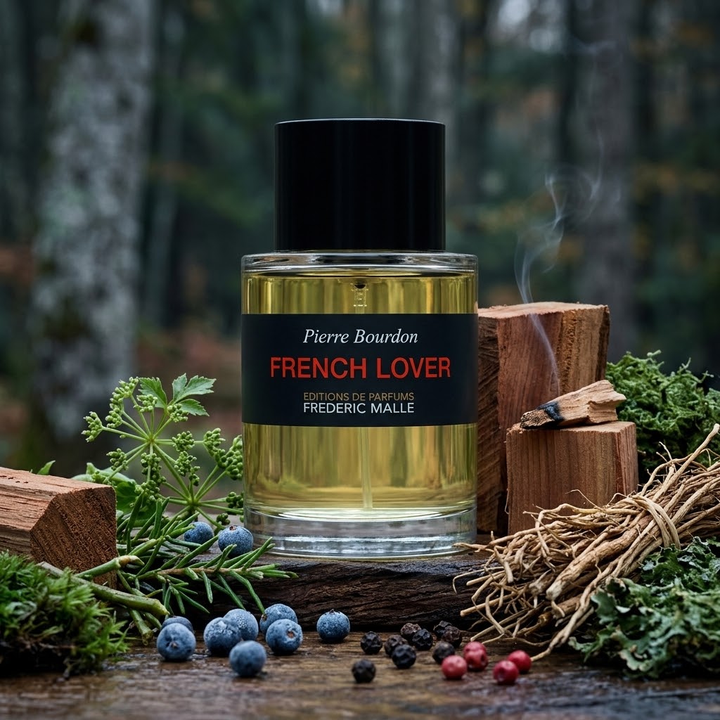 Frasco cilíndrico de Frederic Malle French Lover con etiqueta negra y roja sobre madera de cedro con vetiver y gálbano, estilo Casa Flores