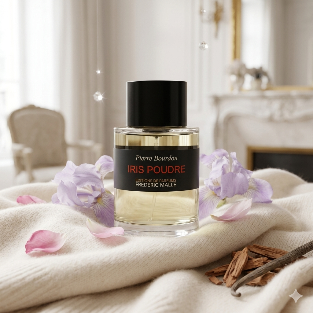 Frasco minimalista de Frederic Malle Iris Poudre sobre tela de cachemira con flores de iris, vainilla, sándalo y aldehídos brillantes, estilo Casa Flores.