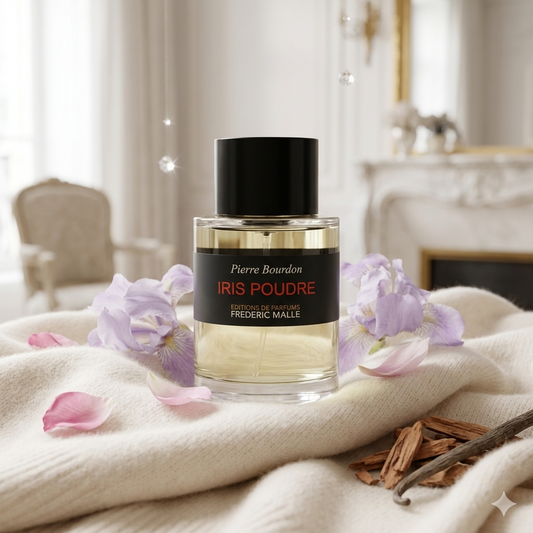 Frasco minimalista de Frederic Malle Iris Poudre sobre tela de cachemira con flores de iris, vainilla, sándalo y aldehídos brillantes, estilo Casa Flores.