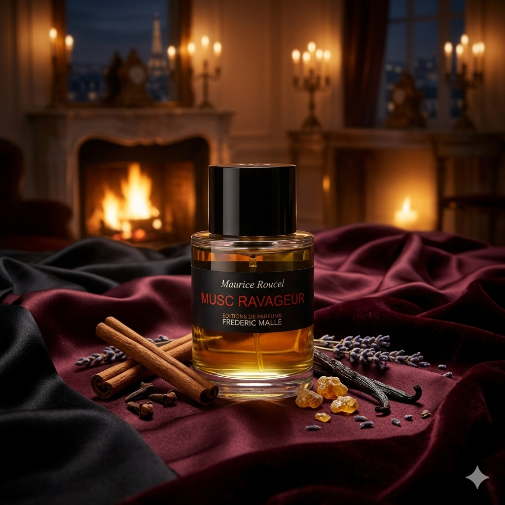 Frasco de Frédéric Malle Musc Ravageur sobre seda oscura con canela, clavo, vainilla y ámbar bajo luz cálida, estilo Casa Flores.