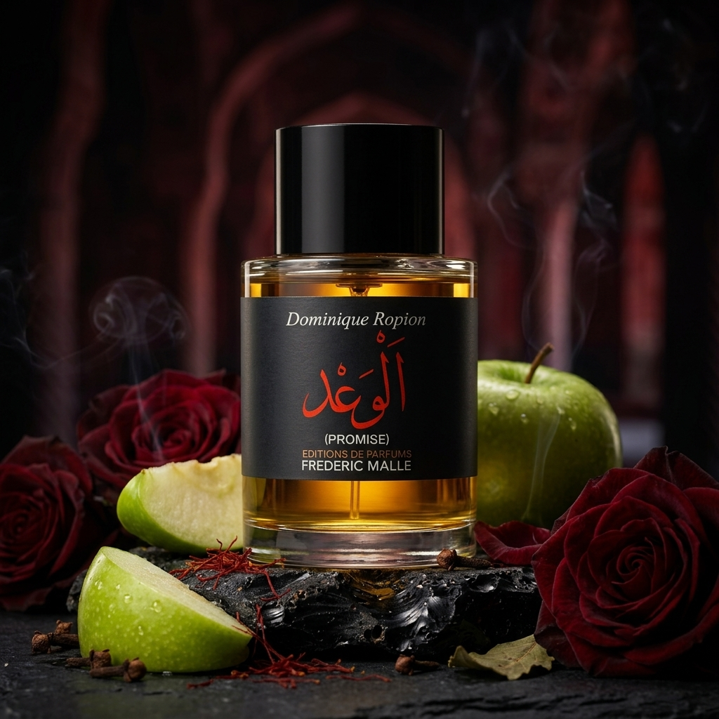 Frasco cilíndrico con etiqueta negra y caligrafía árabe roja de Frédéric Malle Promise sobre piedra oscura con manzana verde, rosa turca y azafrán, estilo Casa Flores.