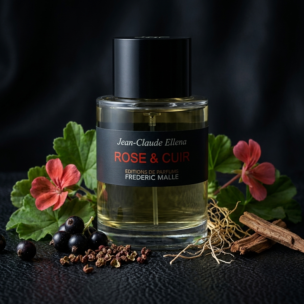 Frasco cilíndrico de Frédéric Malle Rose & Cuir sobre cuero oscuro con geranio, grosellas negras y pimienta, estilo Casa Flores.
