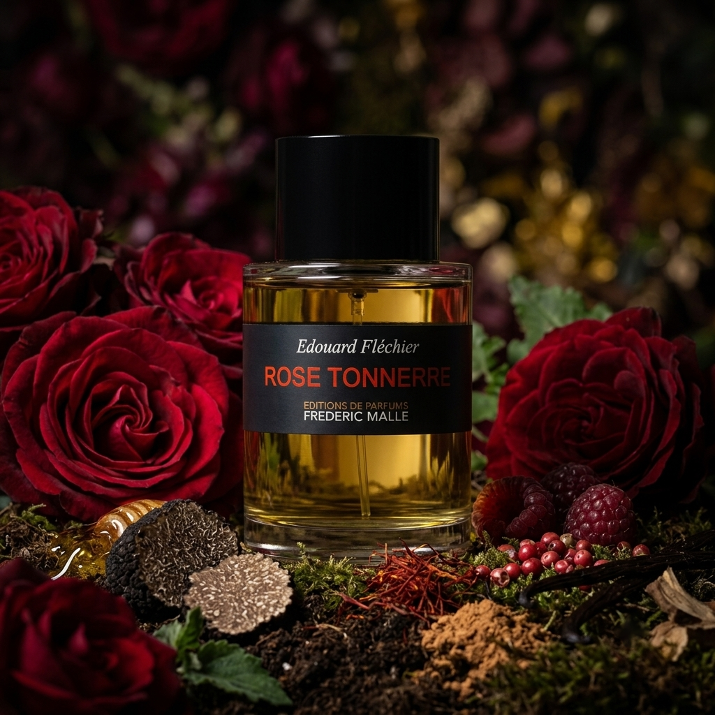 Frasco cilíndrico de Frédéric Malle Rose Tonnerre sobre tierra oscura con rosa roja, miel, trufa y frambuesa, estilo Casa Flores.