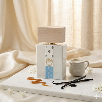 Frasco blanco minimalista de Bianco Latte sobre una nube de crema y caramelo, estilo Casa Flores.