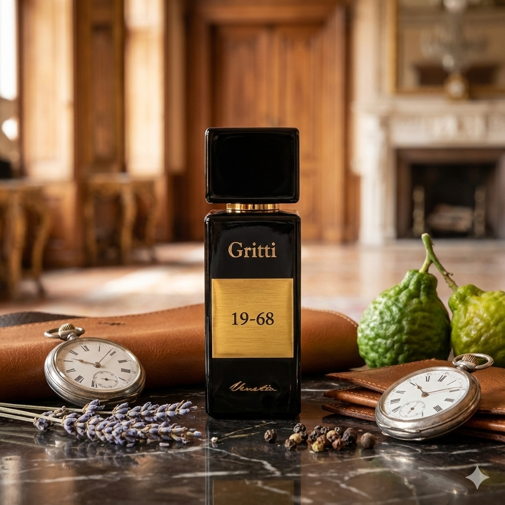Frasco oscuro y elegante del perfume Gritti 19-68 rodeado de bergamota, lavanda, pimienta rosa y haba tonka.