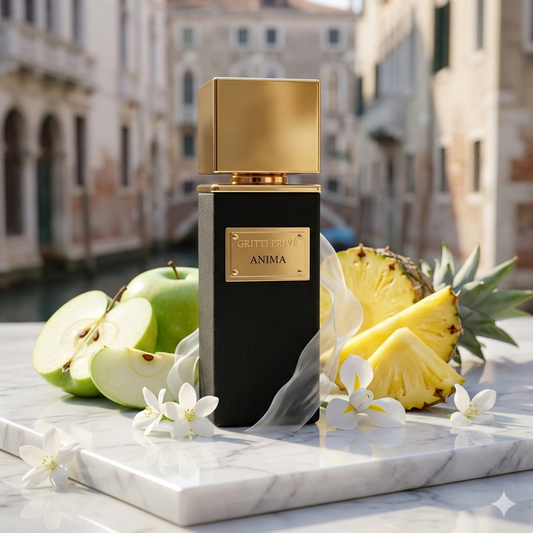 Frasco negro de Gritti Anima con placa dorada sobre mármol blanco, rodeado de rodajas de manzana verde, trozos de piña fresca y flores blancas, con un fondo luminoso de jardín veneciano.