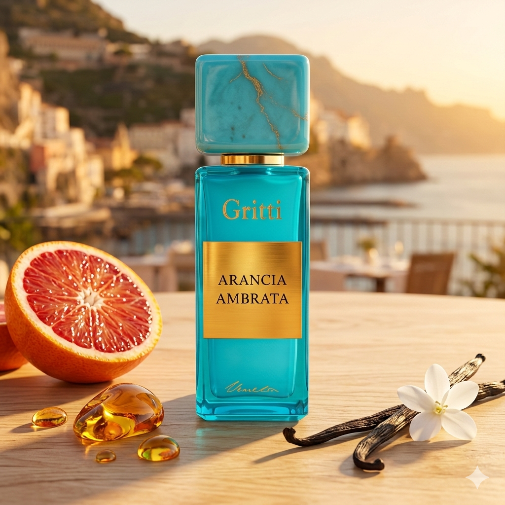 Frasco azul turquesa de Gritti Arancia Ambrata sobre madera clara, rodeado de naranjas sanguinas jugosas, vainas de vainilla y resina de ámbar. Fotorrealismo sin marco para Casa Flores.