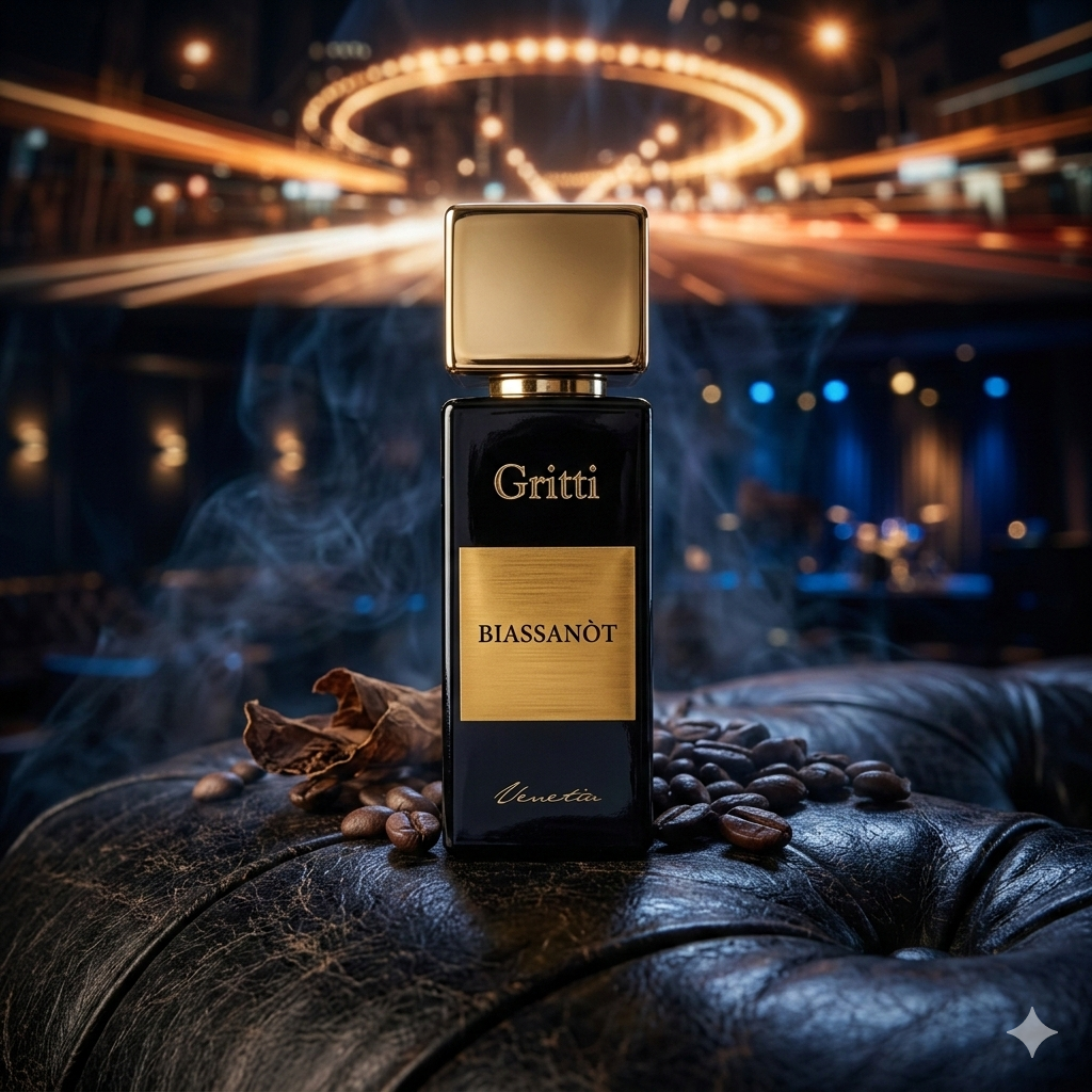 Frasco negro de Gritti Biassanot con placa dorada en un entorno urbano nocturno, sobre una superficie de cuero negro, con granos de café y una sutil iluminación de luces de ciudad al fondo.