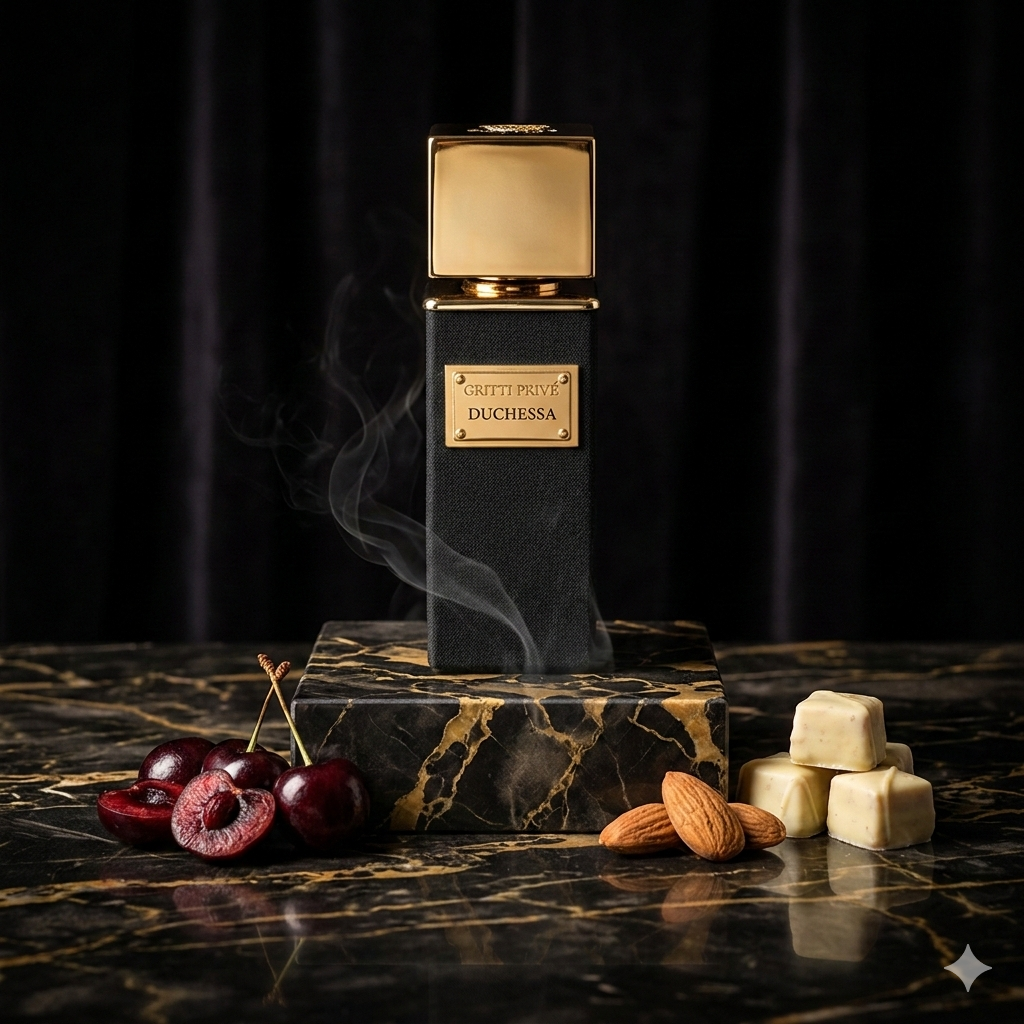 Frasco negro de Gritti Duchessa con placa dorada sobre una superficie de mármol, rodeado de cerezas oscuras, almendras y trozos de chocolate blanco en un ambiente de lujo nocturno.