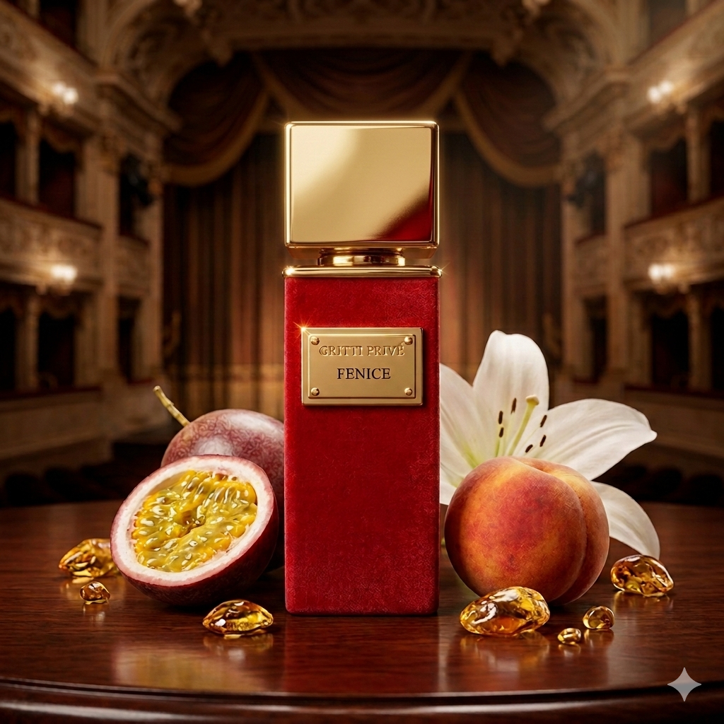 Frasco de terciopelo rojo de Gritti Fenice con tapón dorado sobre madera pulida, rodeado de maracuyá, durazno y azucenas. Fotorrealismo sin marco para Casa Flores.