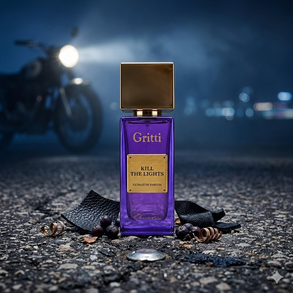 Frasco de Gritti Kill the Lights con placa dorada, posado sobre una superficie de asfalto texturizado en una carretera nocturna, con luces de faros desenfocadas al fondo y una sutil bruma de humo frío.