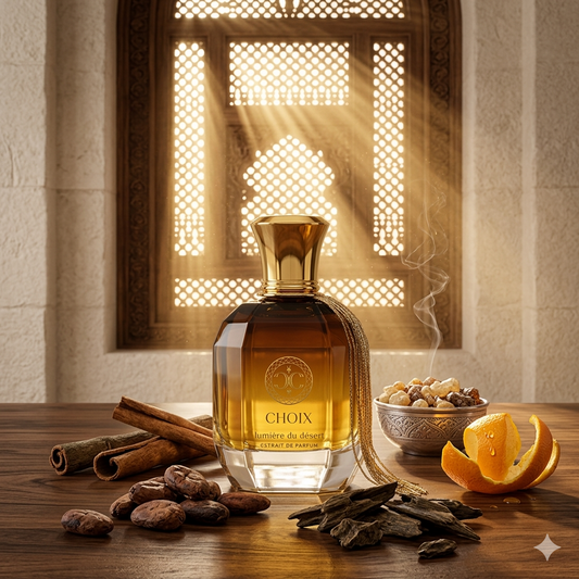 Frasco de Gritti Lumière du Désert rodeado de granos de cacao, canela y resinas de incienso, estilo Casa Flores.
