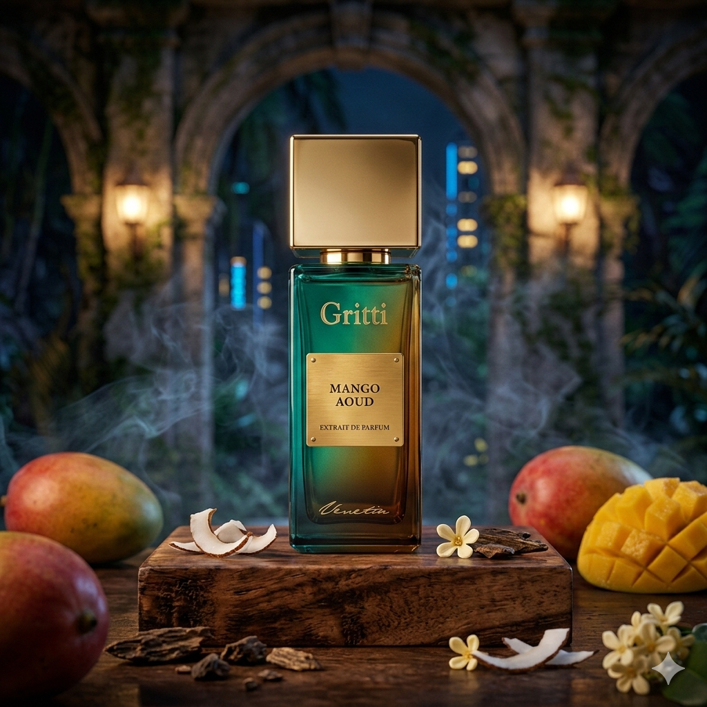 Frasco negro de Gritti Mango Aoud con placa dorada, colocado sobre una madera tropical oscura en un entorno de jungla nocturna, rodeado de trozos de mango jugoso, coco abierto y una estela de humo de Oud.