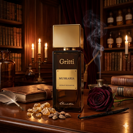 Frasco de Gritti Muskaria sobre un escritorio veneciano oscuro con incienso, cuero, resinas y vainilla, estilo Casa Flores.