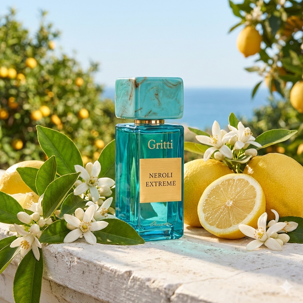 Frasco azul turquesa de Gritti Neroli Extreme frente al mar Mediterráneo, estilo Casa Flores.