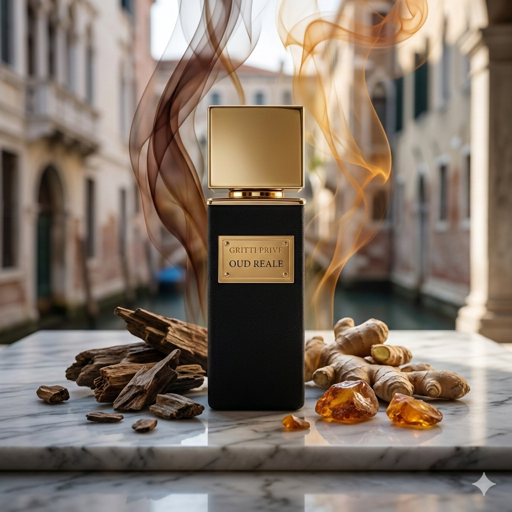 Frasco negro de Gritti Oud Reale con placa dorada sobre mármol blanco, rodeado de astillas de madera de oud, raíces de vetiver y jengibre fresco, con Venecia al fondo.