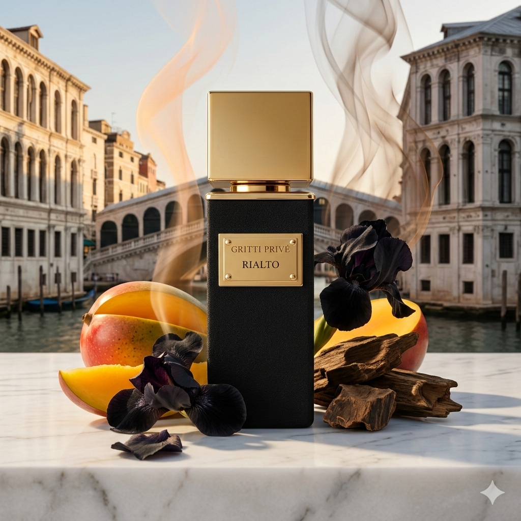Frasco de Gritti Rialto con placa metálica dorada sobre mármol blanco, rodeado de trozos de mango fresco, pétalos de rosa de Taif y azafrán, en un palacio veneciano al atardecer.