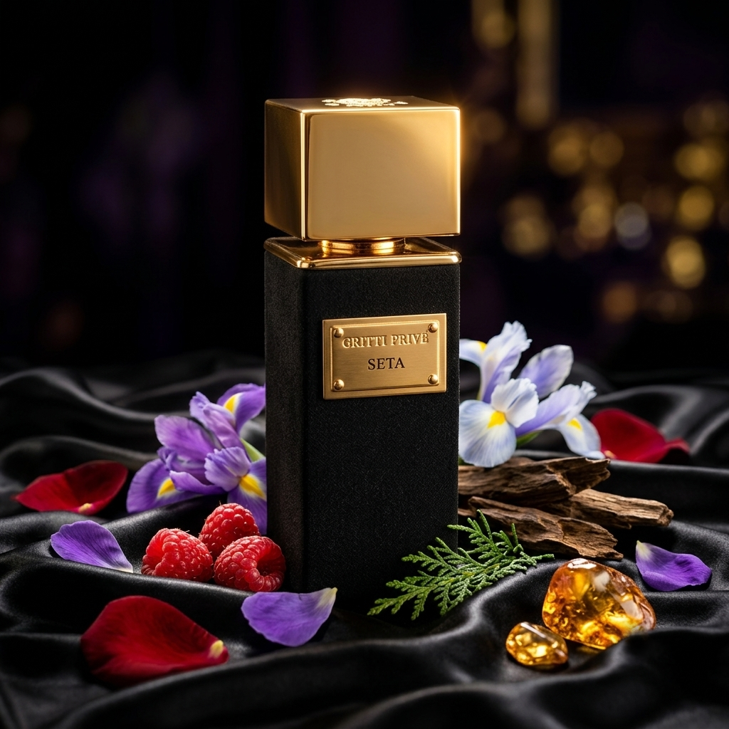 Frasco negro mate y tapón dorado de Gritti Seta sobre seda negra con frambuesa, rosa y madera de oud, estilo Casa Flores.