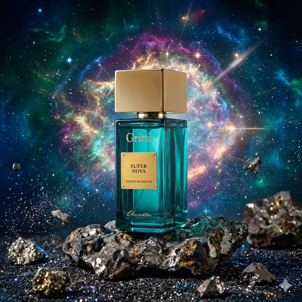 Frasco turquesa del perfume Gritti Supernova rodeado de minerales metálicos, ámbar gris y granos de pimienta verde en un ambiente cósmico marino.