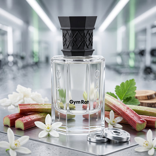 Frasco octogonal de Gym Rat de Calaj con tapón negro tallado sobre acero inoxidable con ruibarbo, neroli y notas metálicas, estilo Casa Flores.