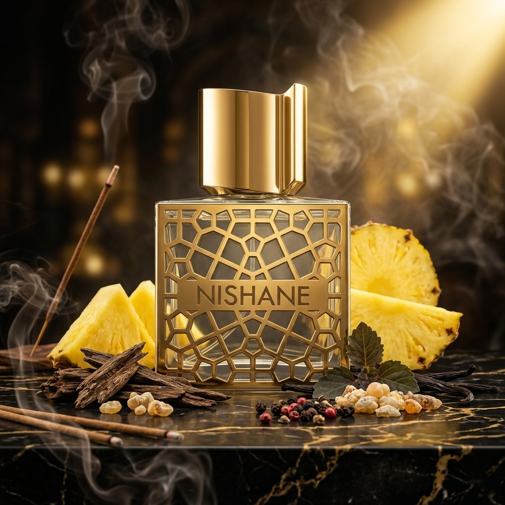 Frasco de cristal con celosía geométrica dorada de Nishane Hacivat Oud sobre mármol con piña, madera de oud, incienso y pimienta, estilo Casa Flores.