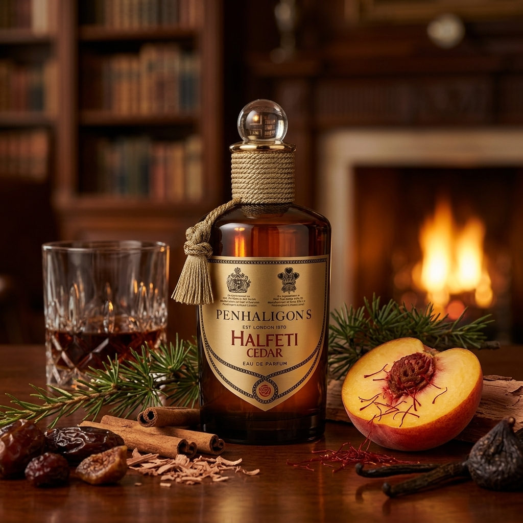 Frasco clásico de Penhaligon's Halfeti Cedar sobre madera noble con ron, durazno, canela, azafrán y ramas de cedro, estilo Casa Flores.