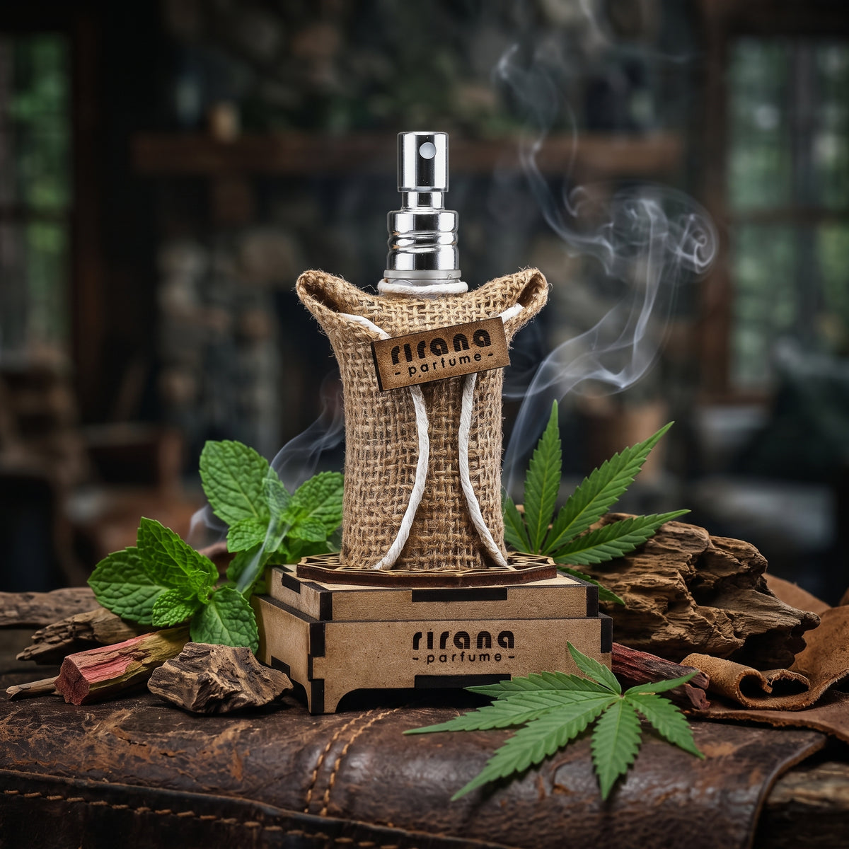 Frasco envuelto en tela rústica de yute con etiqueta de madera de Herb & Wood de Rirana Parfume sobre una base de madera ensamblada, rodeado de menta, cannabis, oud y cuero, estilo Casa Flores.