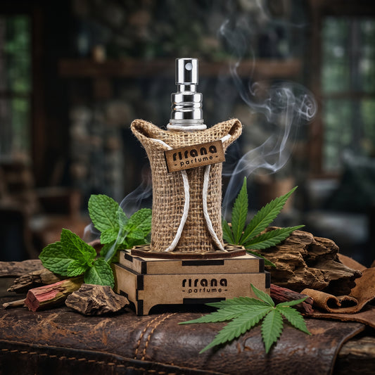 Frasco envuelto en tela rústica de yute con etiqueta de madera de Herb & Wood de Rirana Parfume sobre una base de madera ensamblada, rodeado de menta, cannabis, oud y cuero, estilo Casa Flores.