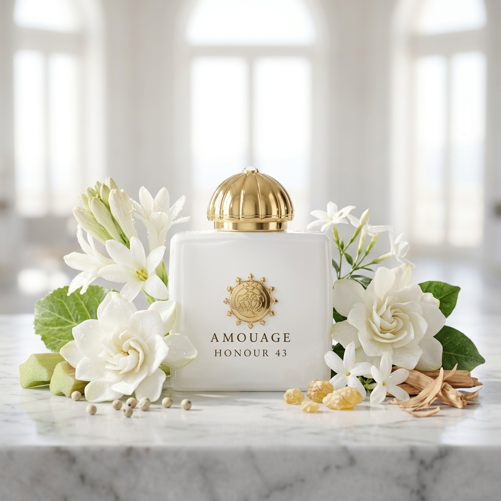 Frasco blanco prístino de Amouage Honour 43 Woman sobre mármol con flores de nardo, gardenia, hoja de ruibarbo e incienso dorado, estilo Casa Flores.