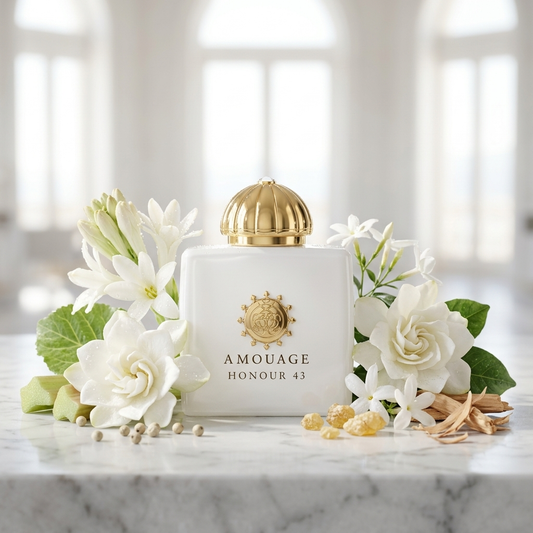 Frasco blanco prístino de Amouage Honour 43 Woman sobre mármol con flores de nardo, gardenia, hoja de ruibarbo e incienso dorado, estilo Casa Flores.