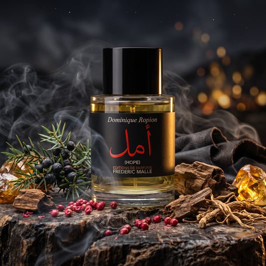 Frasco cilíndrico de Hope de Frederic Malle con líquido amarillo, etiqueta negra y caligrafía árabe roja, rodeado de madera de oud, humo, cuero y ámbar, estilo Casa Flores.