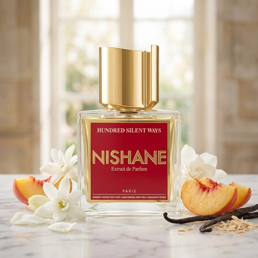 Frasco con etiqueta roja de Nishane Hundred Silent Ways y tapón dorado asimétrico sobre mármol con flores blancas y durazno, estilo Casa Flores.