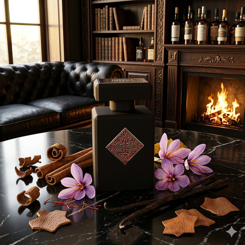 Frasco negro de Initio Absolute Aphrodisiac en una habitación de lujo con luz de velas, estilo Casa Flores.