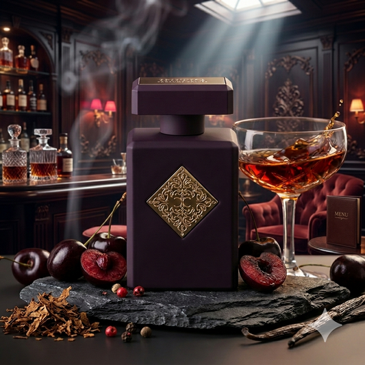 Misterioso frasco negro de Initio Narcotic Delight rodeado de cerezas oscuras, una copa de coñac, hojas de tabaco y vaina de vainilla sobre fondo rojo y negro.