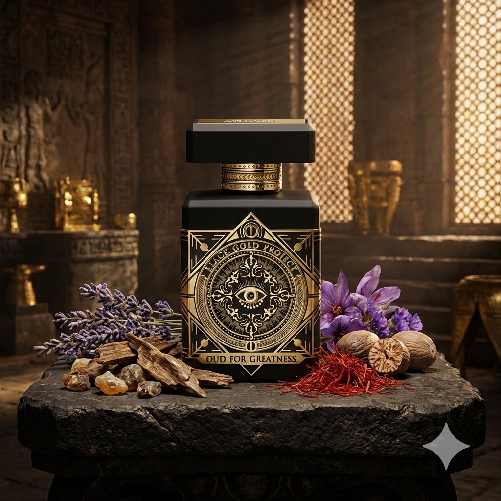Frasco negro y dorado del perfume Initio Oud for Greatness con ingredientes místicos alrededor.