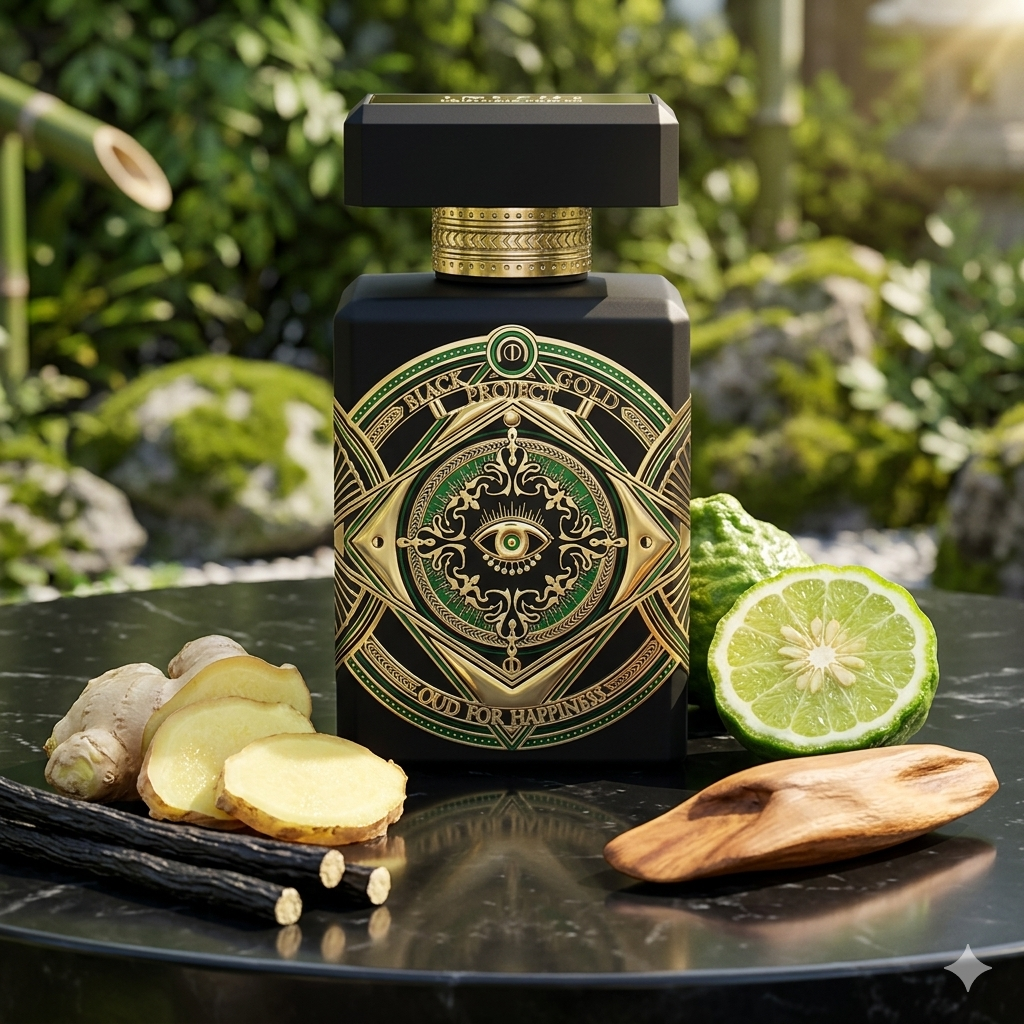 Frasco negro y verde de Initio Oud for Happiness con jengibre fresco y regaliz, estilo Casa Flores.