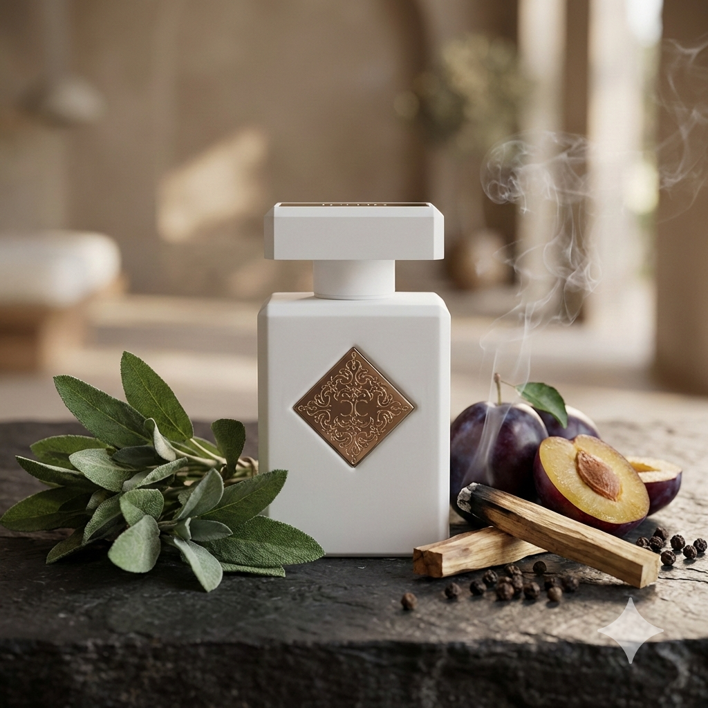 Frasco blanco del perfume Initio Paragon rodeado de madera de palo santo, salvia blanca y ciruelas.