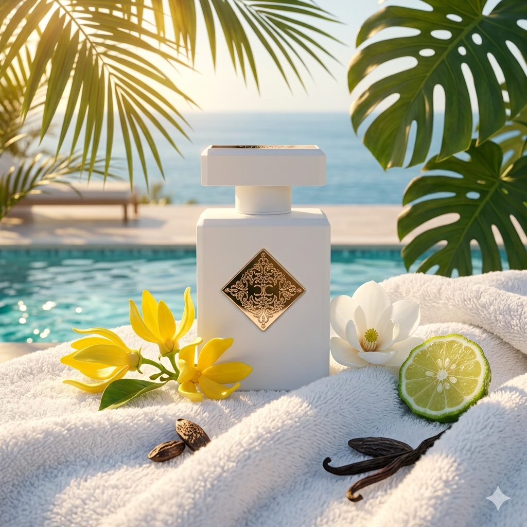 Frasco blanco y dorado de Initio Lift Me Up bajo luz solar brillante con flores de ylang-ylang, magnolia, vainilla y haba tonka, estilo Casa Flores.