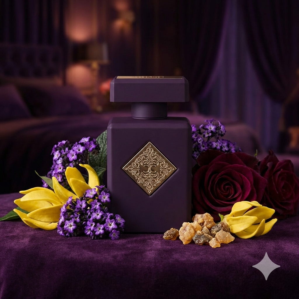 Frasco morado oscuro del perfume Initio Psychedelic Love rodeado de ylang-ylang, heliotropo y mirra en un ambiente sensual.