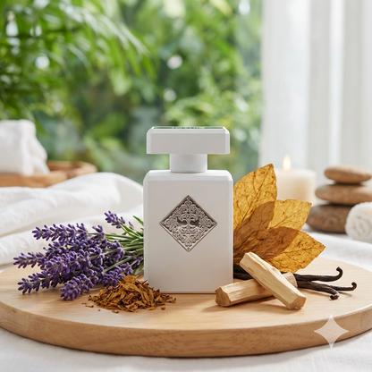Frasco blanco del perfume Initio Rehab rodeado de lavanda, hojas de tabaco y maderas en un entorno de spa natural.
