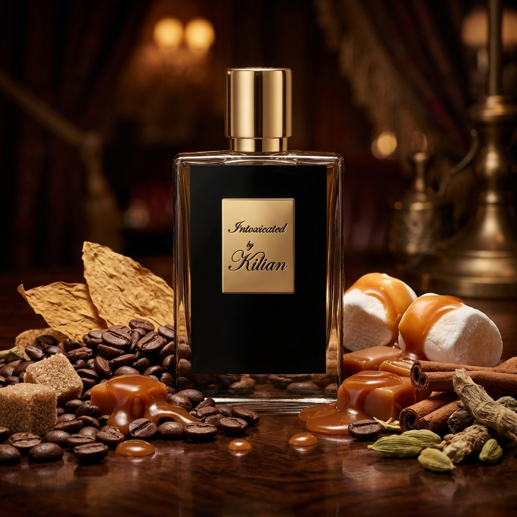 Frasco transparente y dorado de Kilian Intoxicated sobre madera oscura con granos de café, caramelo, malvaviscos y especias, estilo Casa Flores.