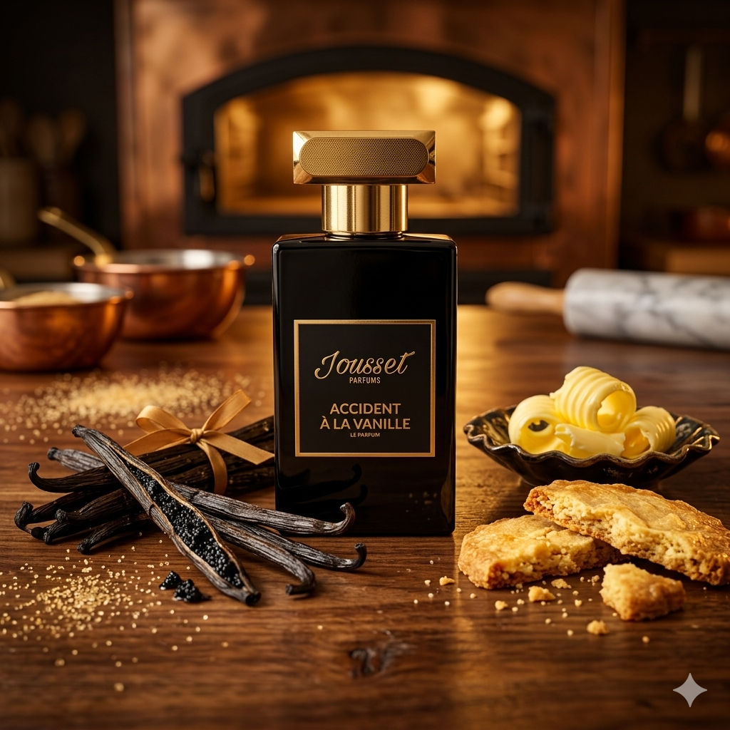 Frasco de Jousset Accident A La Vanille rodeado de ricas vainas de vainilla negra y galletas de mantequilla artesanales crujientes, estilo Casa Flores.