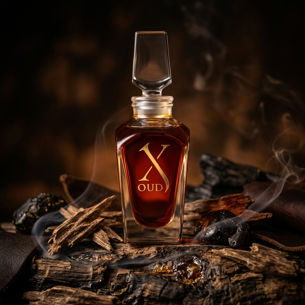 Frasco de cristal transparente con líquido oscuro y logo dorado X OUD de Xerjoff Kampuchea Noir sobre madera oscura, estilo Casa Flores.