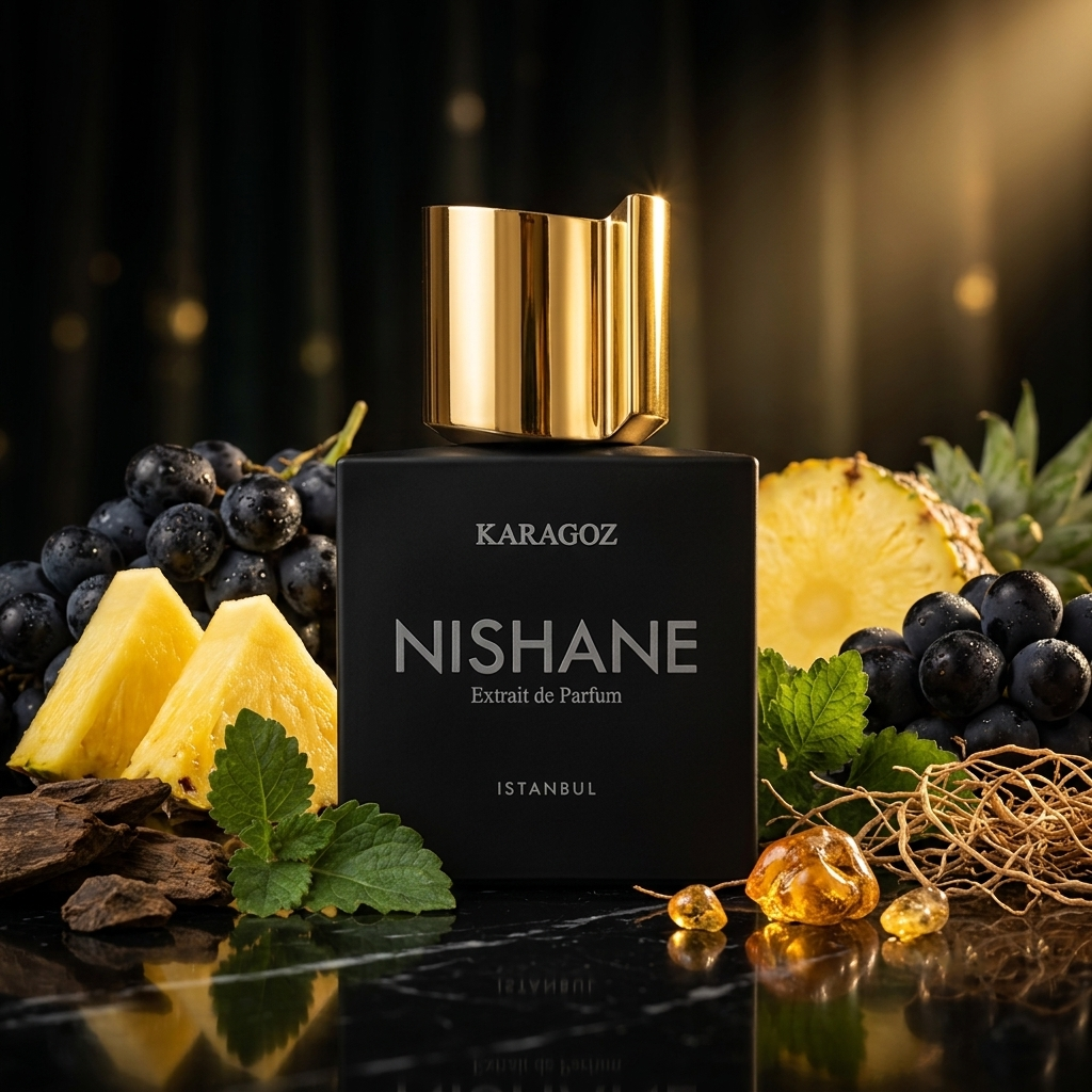 Frasco negro mate de Nishane Karagoz con tapón dorado asimétrico sobre mármol con uvas negras, piña, pachulí y oud, estilo Casa Flores.