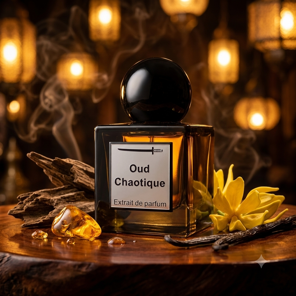 Frasco de Katana Parfums Oud Chaotique sobre madera antigua con bloques de oud natural, ámbar fosilizado, vainilla Bourbon y flores de ylang-ylang, estilo Casa Flores.
