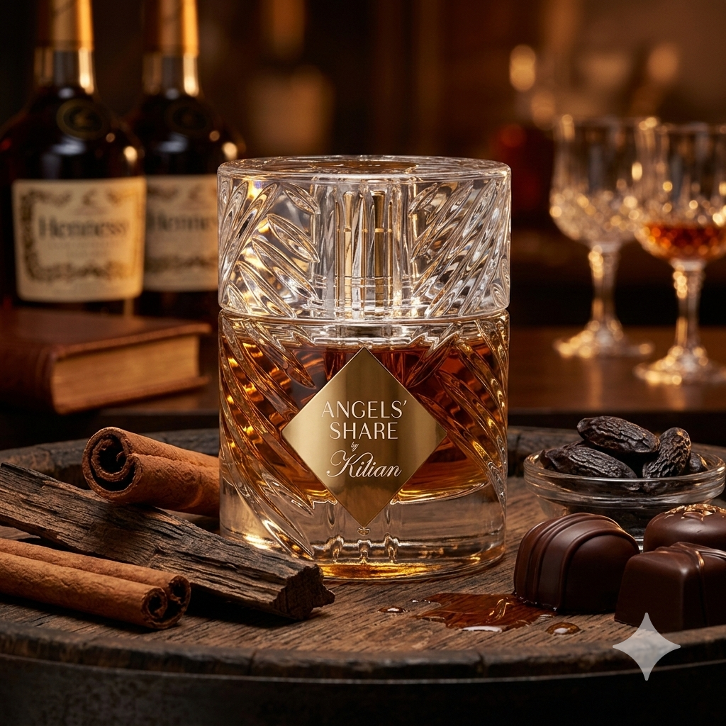 Lujoso frasco de cristal tallado de Kilian Angels' Share con líquido ámbar, rodeado de ramas de canela, maderas de roble, praliné y haba tonka.