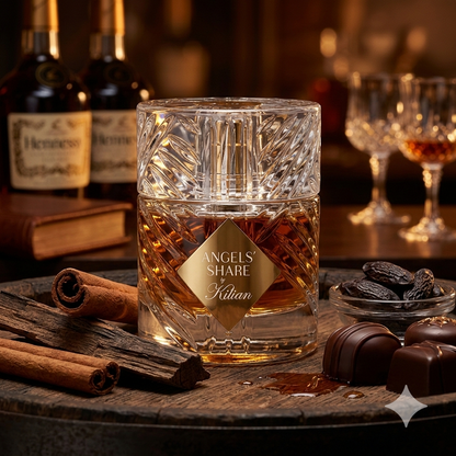 Lujoso frasco de cristal tallado de Kilian Angels' Share con líquido ámbar, rodeado de ramas de canela, maderas de roble, praliné y haba tonka.